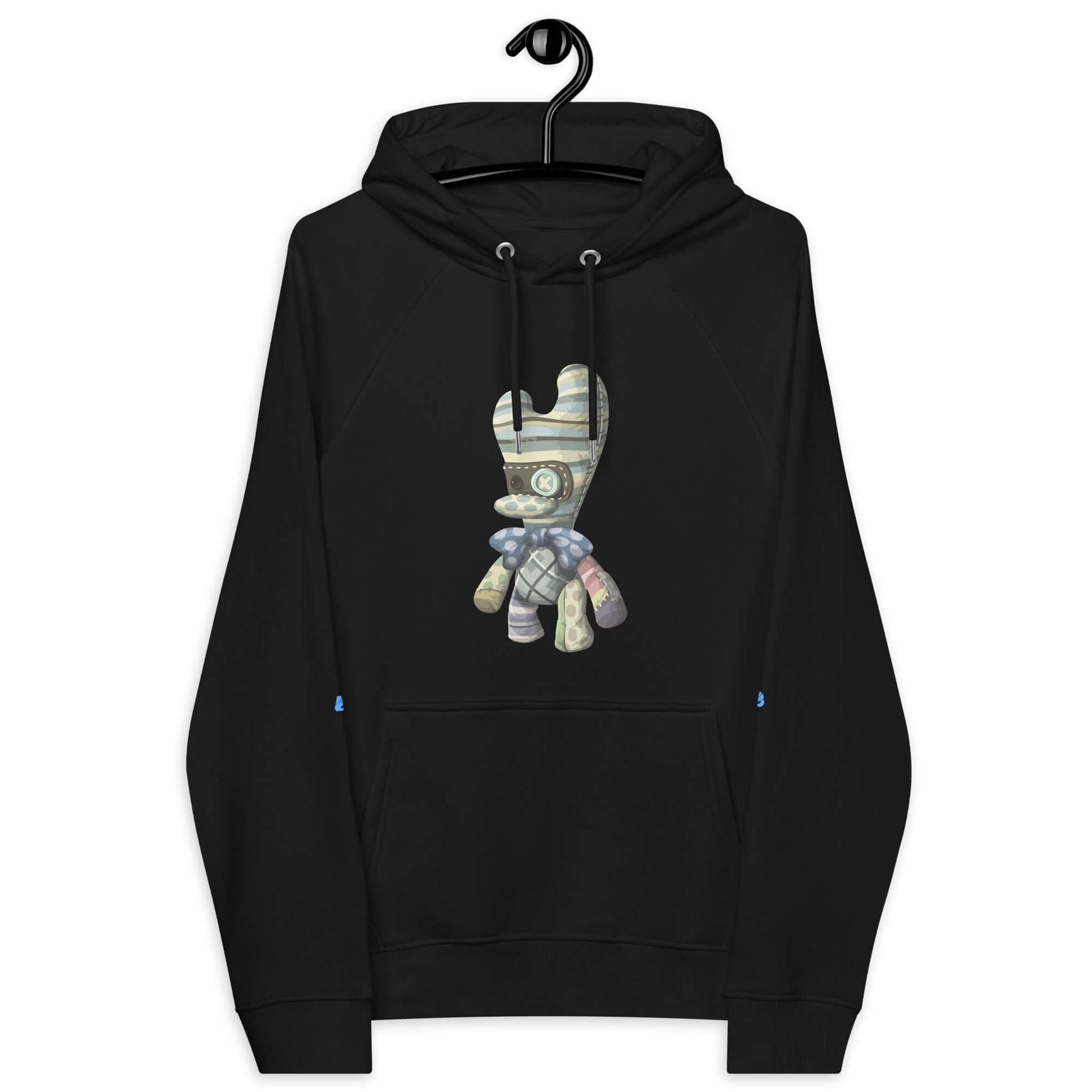 Unisex Bio-Raglan-Hoodie in Schwarz mit buntem Grafikdruck auf Kleiderbügel