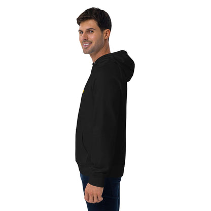 Model wearing Unisex Bio-Raglan-Hoodie N°5 in black, side view.