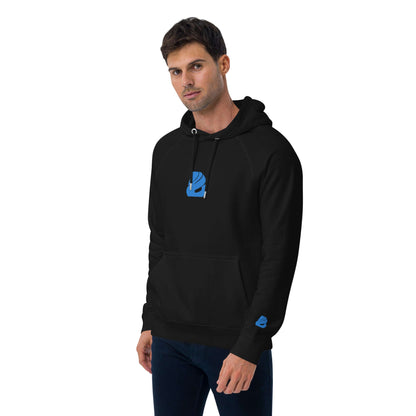 Model wearing Unisex Bio-Raglan-Hoodie N°3 in black with blue logo.