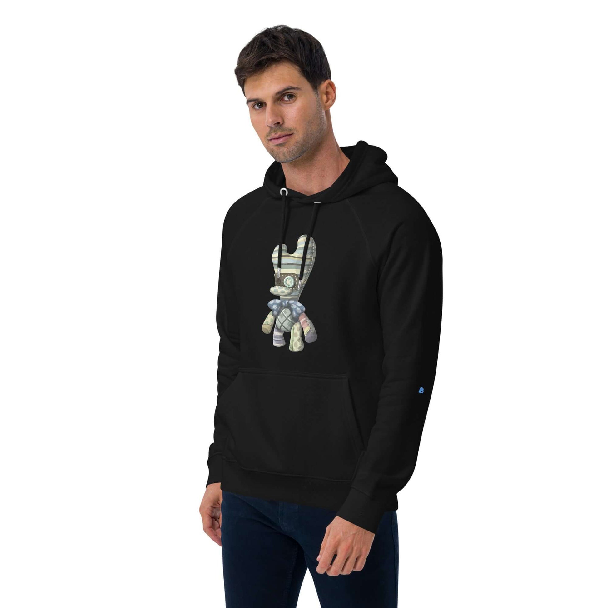 Model wearing Unisex Bio-Raglan-Hoodie with a graphic design on the front, showcasing a stylish and comfortable fashion choice.