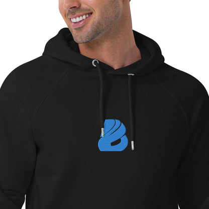 Close-up of Unisex Bio-Raglan-Hoodie N°3 in black with blue logo, featuring soft interior and drawstring detail.