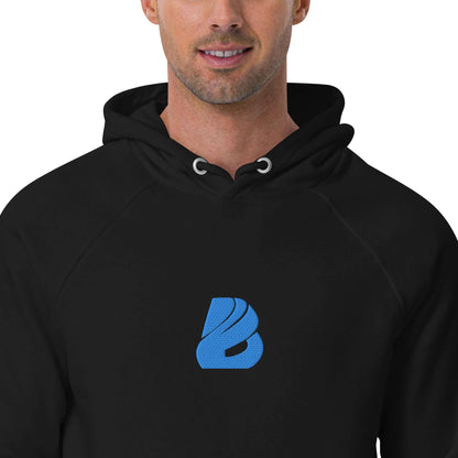 Man wearing Unisex Bio-Raglan-Hoodie N°3 with a blue logo.