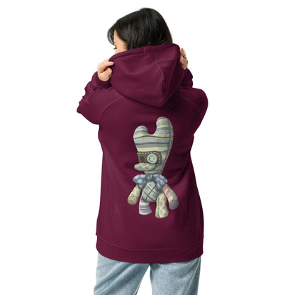 Person wearing Unisex Bio-Raglan-Hoodie N°4 with unique back design, showcasing comfort and style for casual wear.