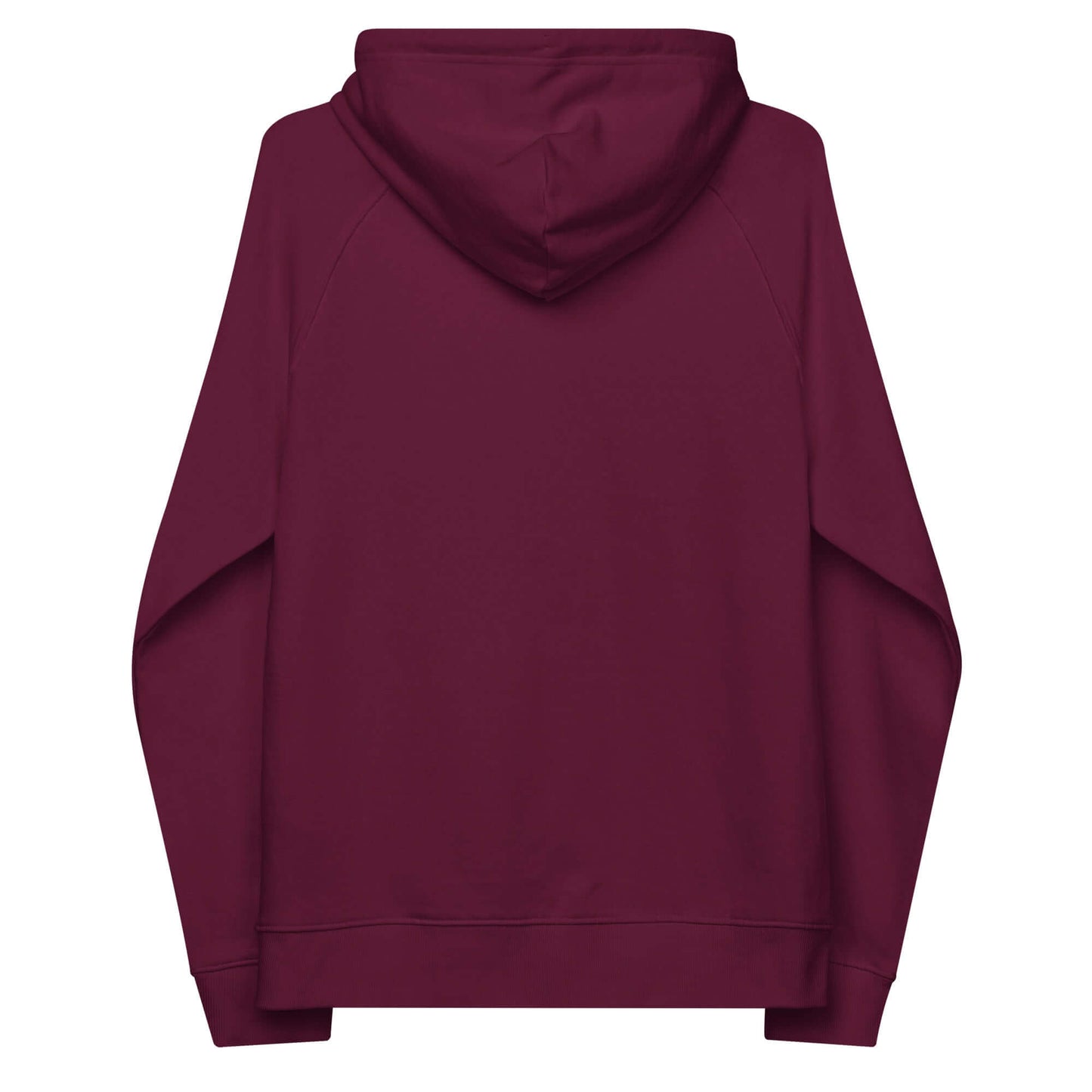 Rückansicht des Unisex Bio-Raglan-Hoodie in weinrot, ideal für Komfort und Stil, mit gemütlicher angerauter Innenseite.