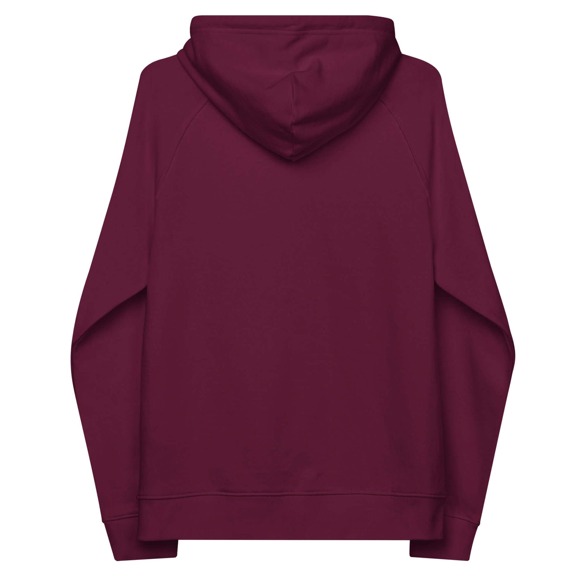 Rückansicht des Unisex Bio-Raglan-Hoodie in weinrot, ideal für Komfort und Stil, mit gemütlicher angerauter Innenseite.