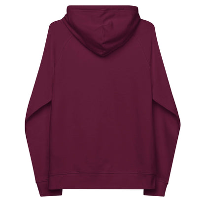 Rückansicht des Unisex Bio-Raglan-Hoodie in weinrot, ideal für Komfort und Stil, mit gemütlicher angerauter Innenseite.