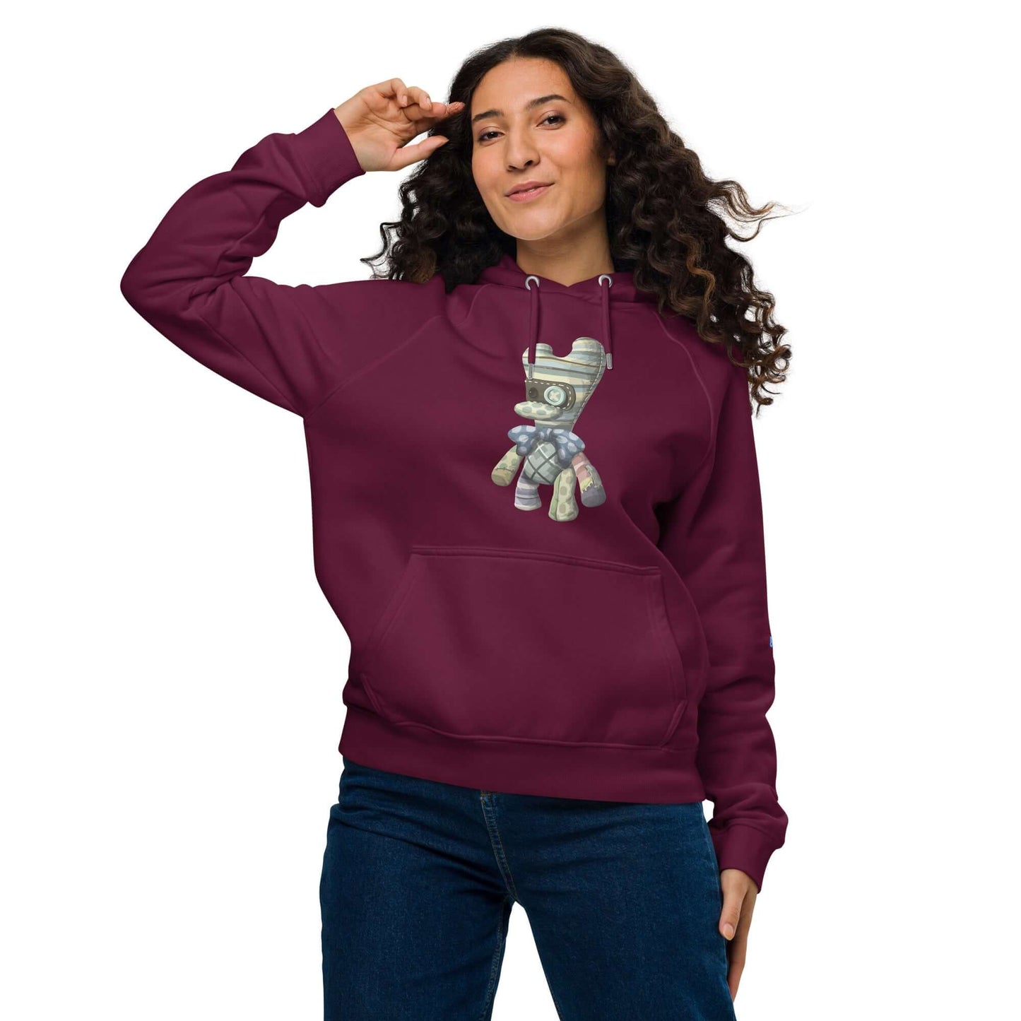 Unisex Bio-Raglan-Hoodie in burgundy worn by model, showcasing stylish and comfortable fashion with hand illustration design on the front.