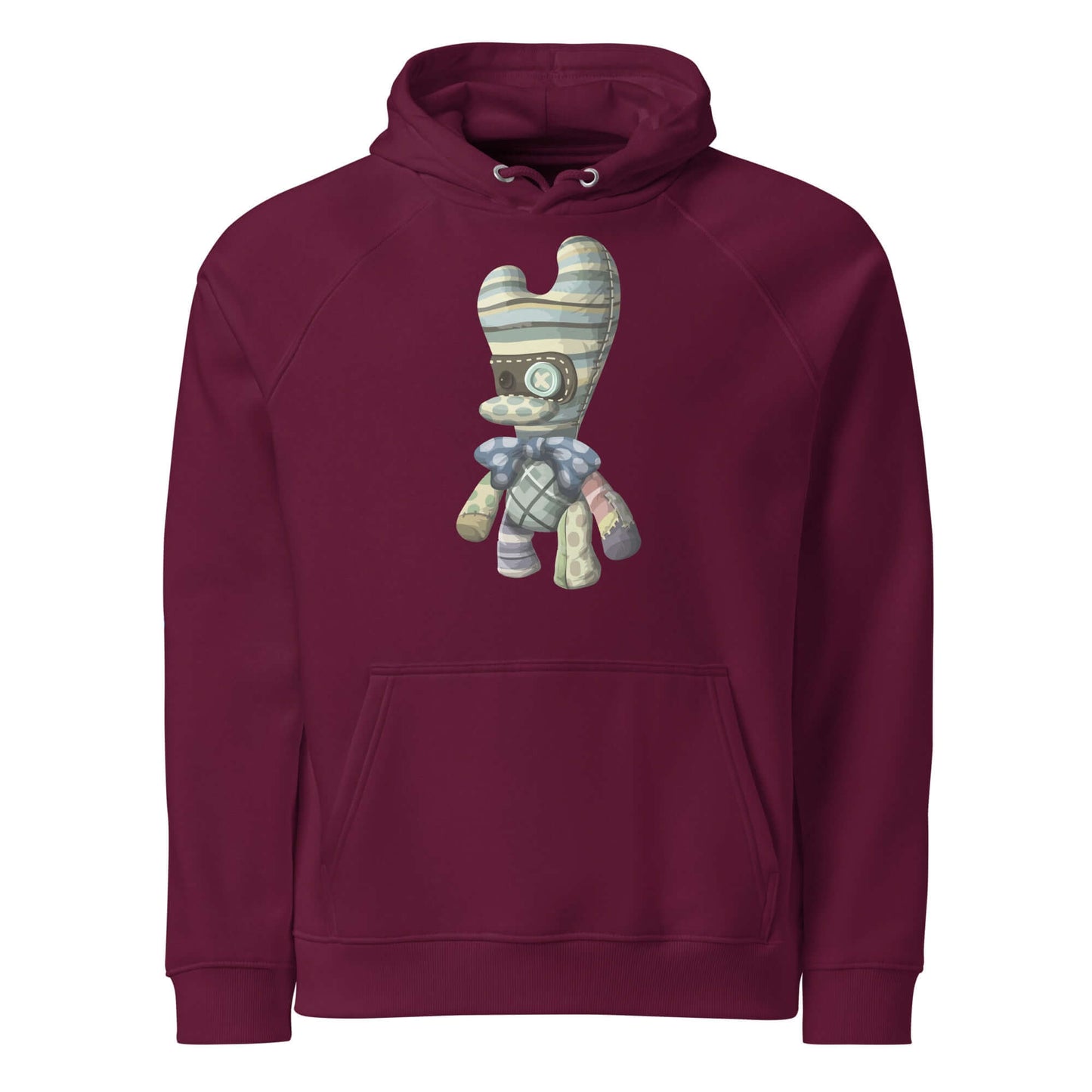 Unisex Bio-Raglan-Hoodie in burgundy with artistic design, combines style and comfort for versatile outfits