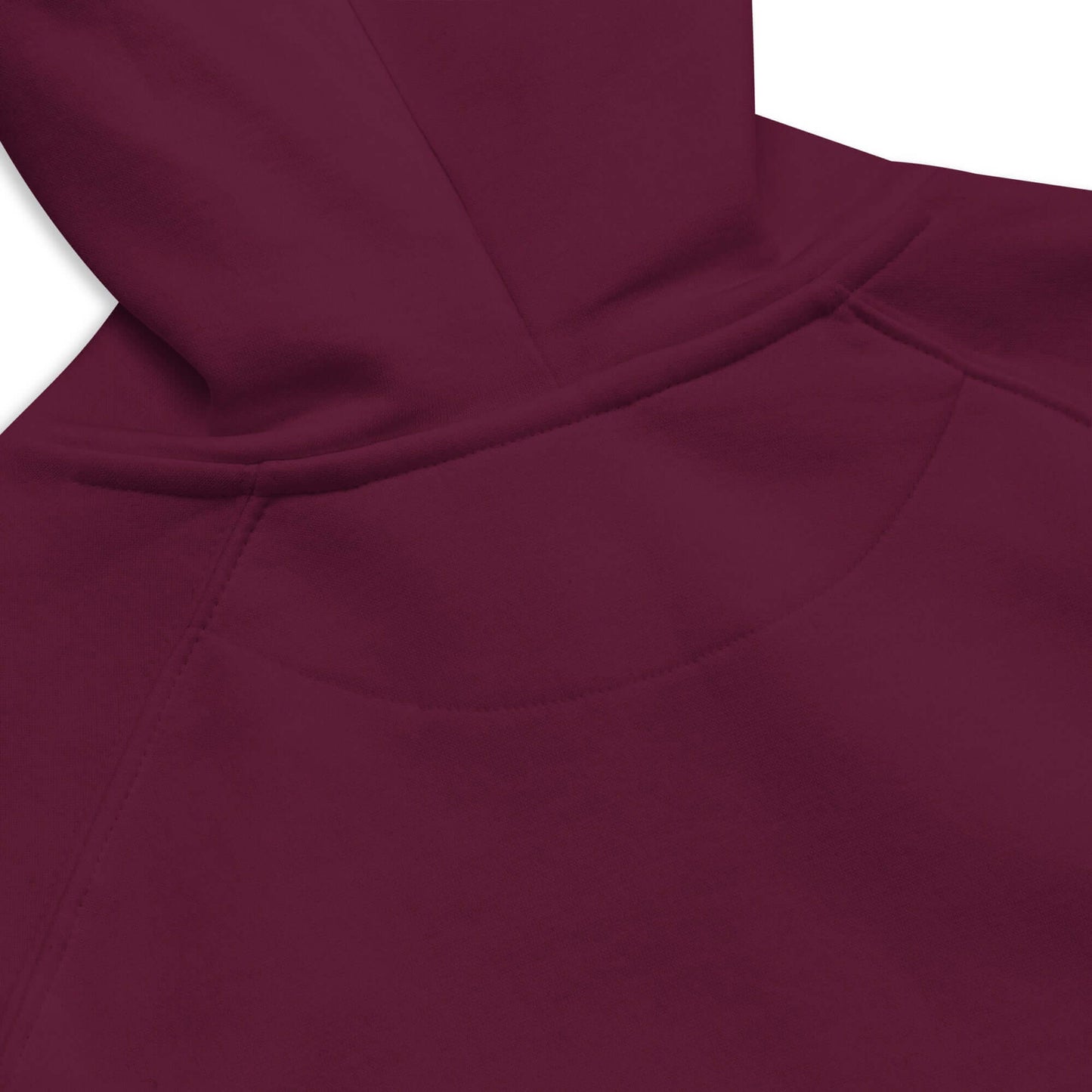 Detailed view of the burgundy Unisex Bio-Raglan-Hoodie showing the hood and stitching.