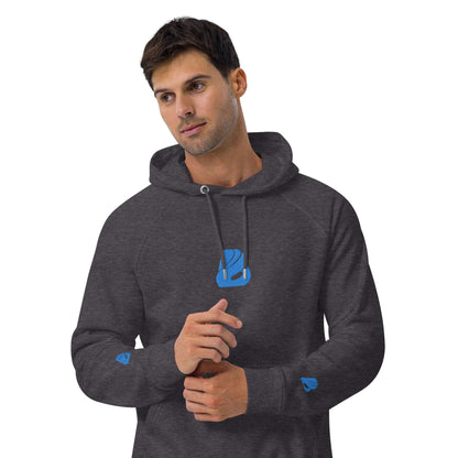 Man wearing Unisex Bio-Raglan-Hoodie N°3 in charcoal grey with blue accents for casual comfort and style.