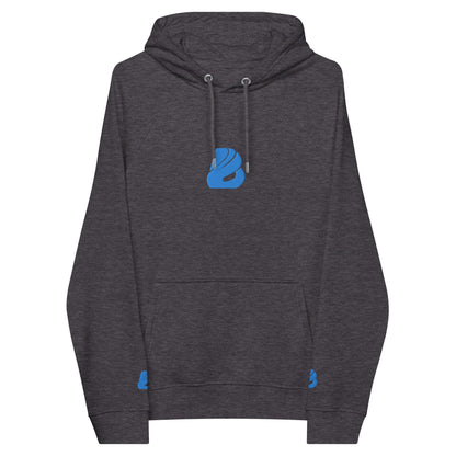 Unisex Bio-Raglan-Hoodie N°3 in dark grey with blue logo, soft inner lining for comfortable fashion-forward style.