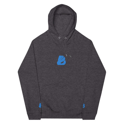Unisex Bio-Raglan-Hoodie N°3 in dark gray with blue logo, soft interior, eco-friendly fashion, comfortable style for any occasion.