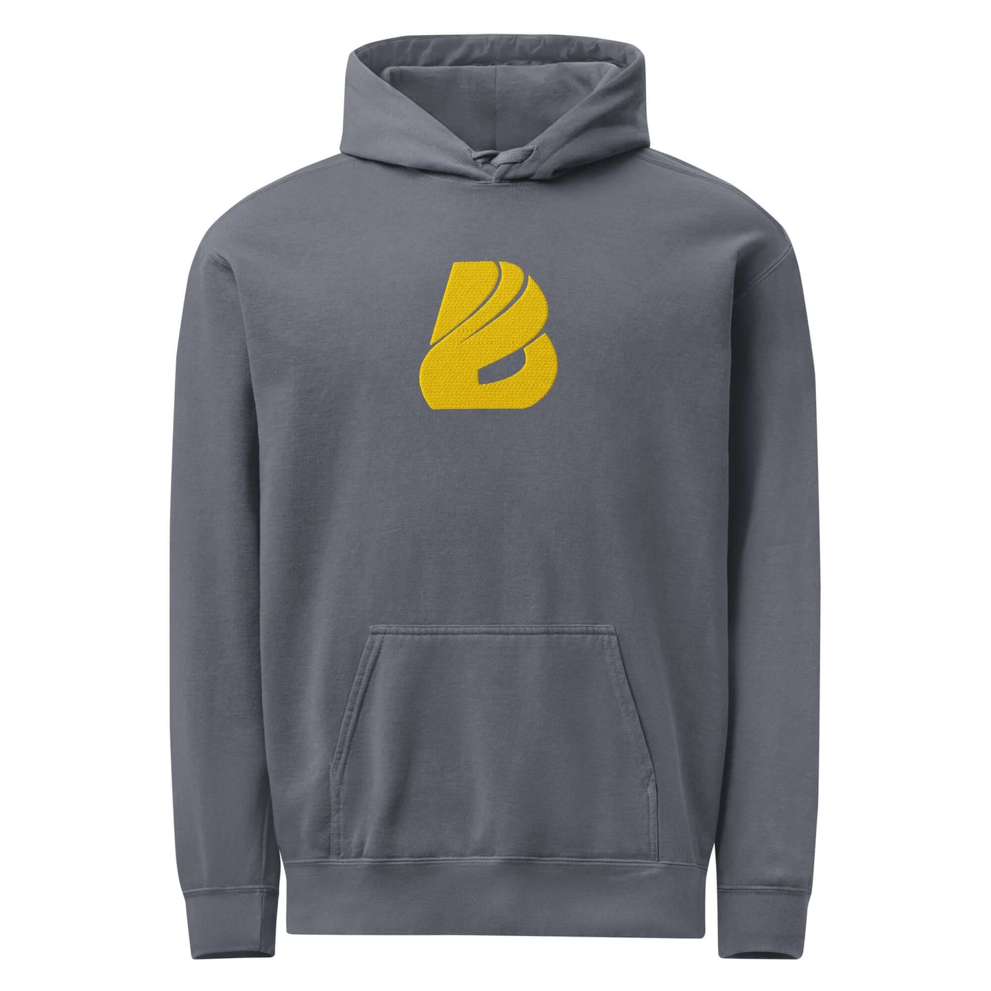 Textilgefärbter Unisex-Hoodie in Grau mit gelbem Logo, entspannte Passform, weich ringgesponnene Baumwollmischung, ideal für Alltag und Entspannen