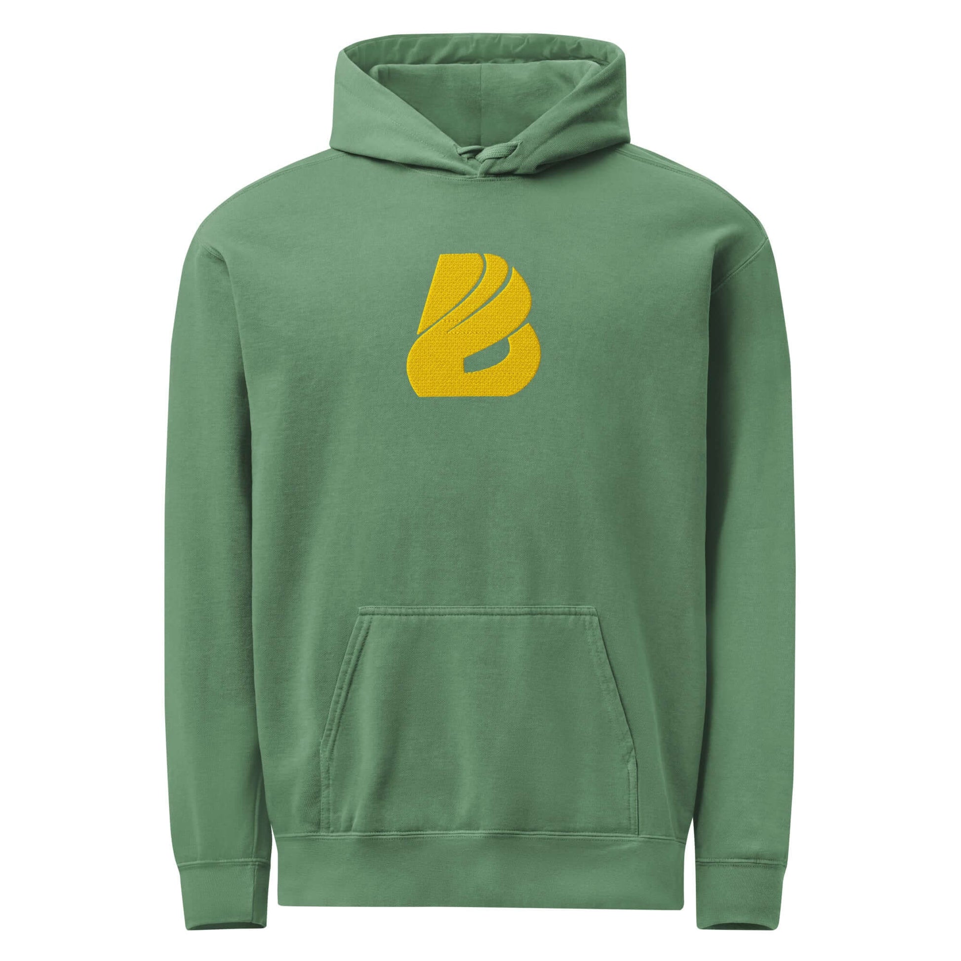 Textilgefärbter Unisex-Hoodie in Grün mit gelbem Logo, aus Baumwollmischung, weiche und entspannte Passform ideal für Alltag.