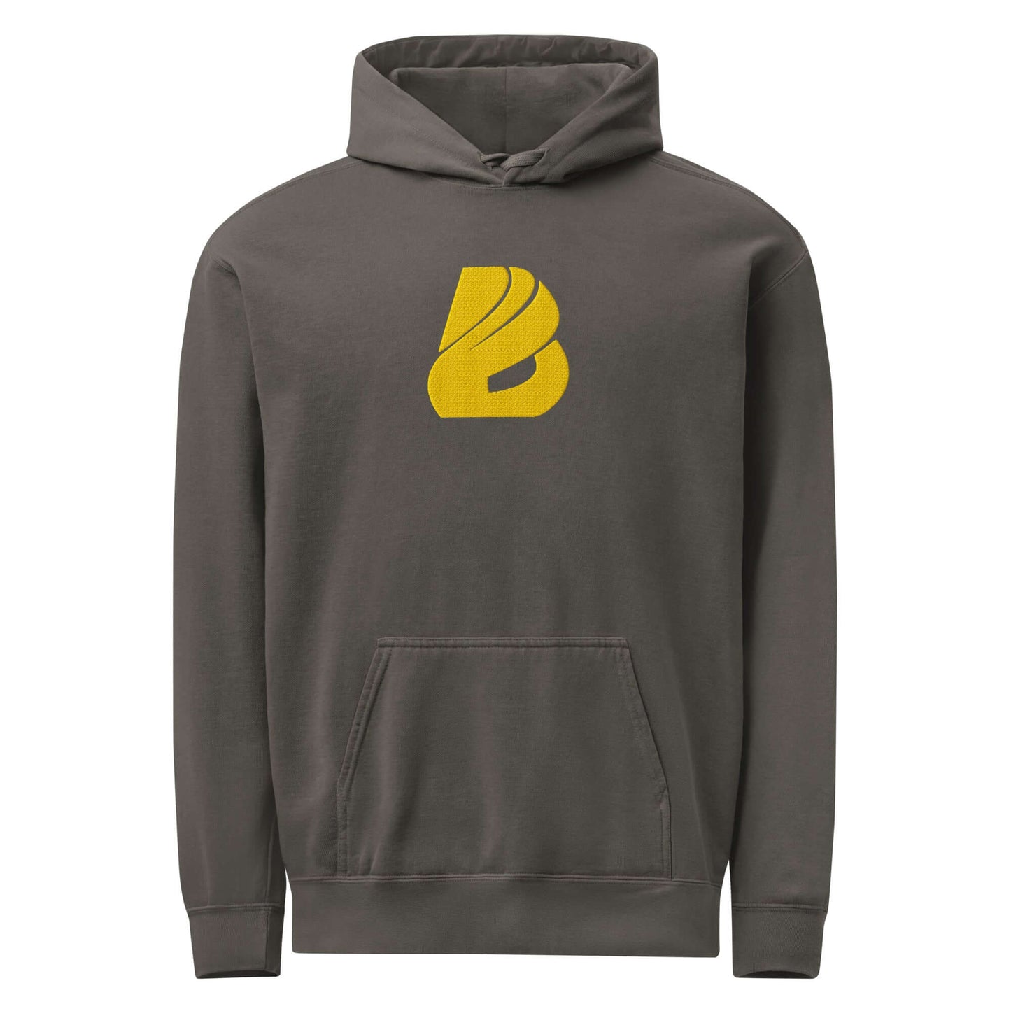 Textilgefärbter Unisex-Hoodie in Grau mit gelbem Logo, aus 80 % Baumwolle und 20 % Polyester, weiche Passform.