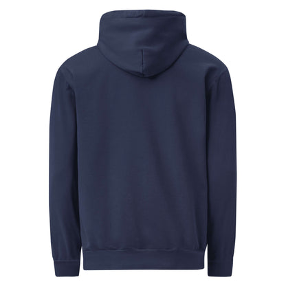 Rückansicht eines textilgefärbten Unisex-Hoodies in Dunkelblau