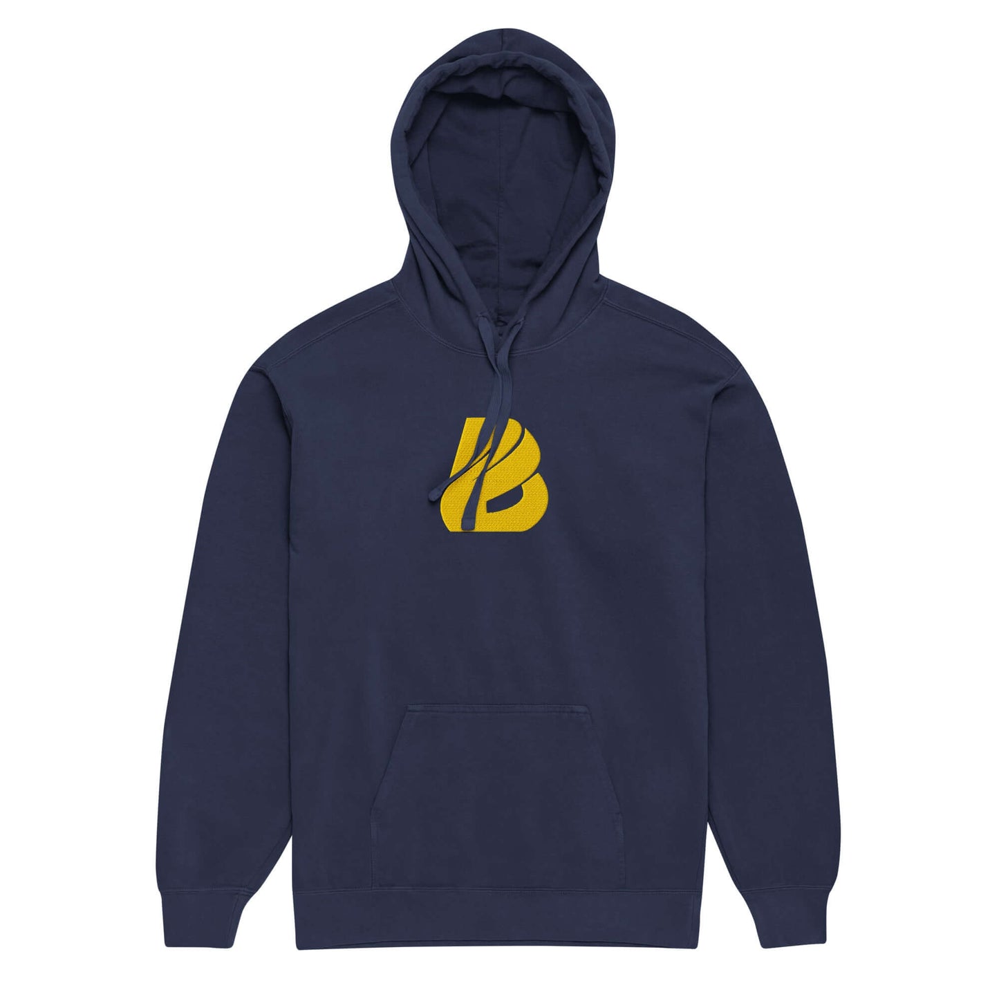 Textilgefärbter Unisex-Hoodie in Dunkelblau mit gelbem Logo-Design, aus weicher Baumwollmischung für Komfort und Stil im Alltag.
