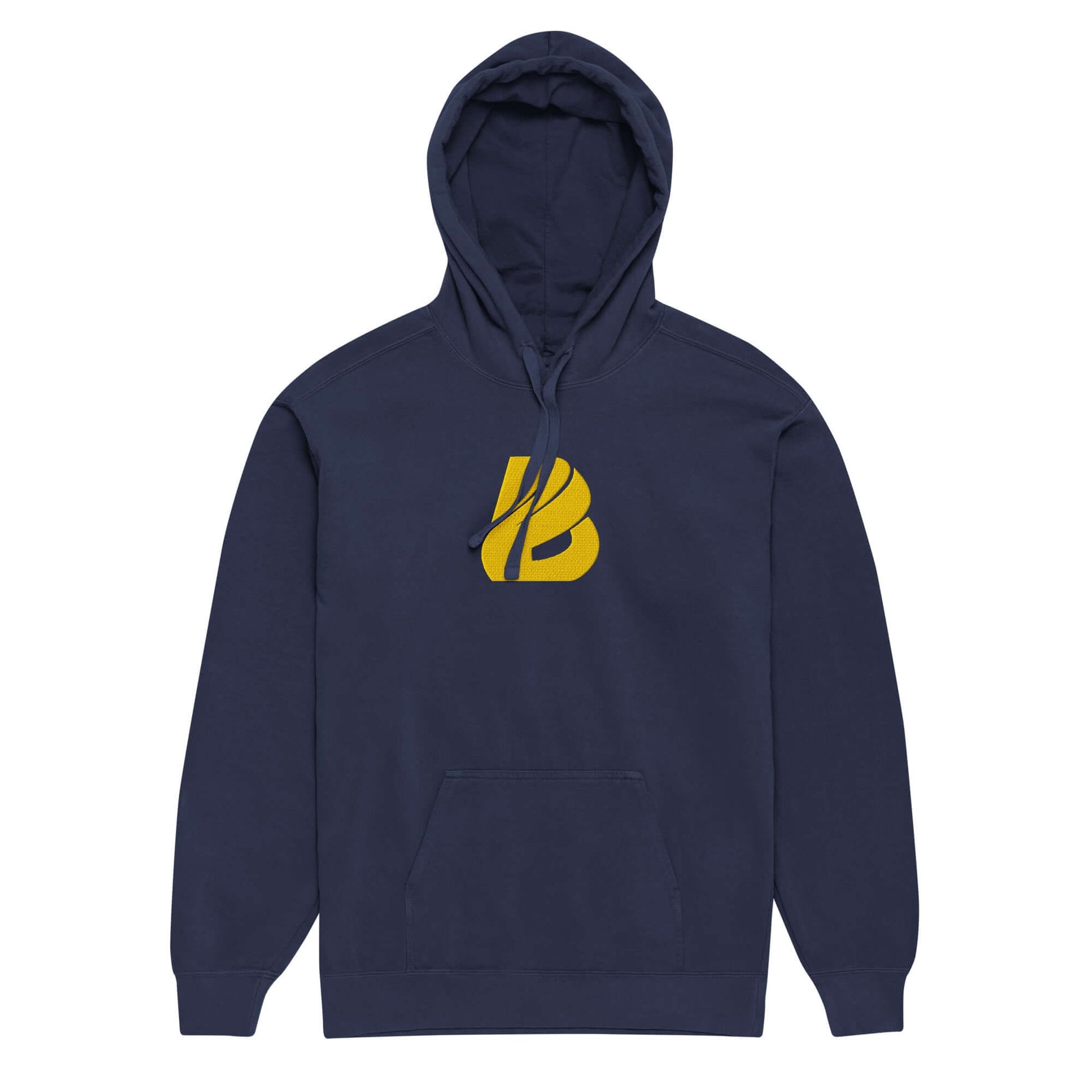 Textilgefärbter Unisex-Hoodie in Dunkelblau mit gelbem Logo-Design, aus weicher Baumwollmischung für Komfort und Stil im Alltag.