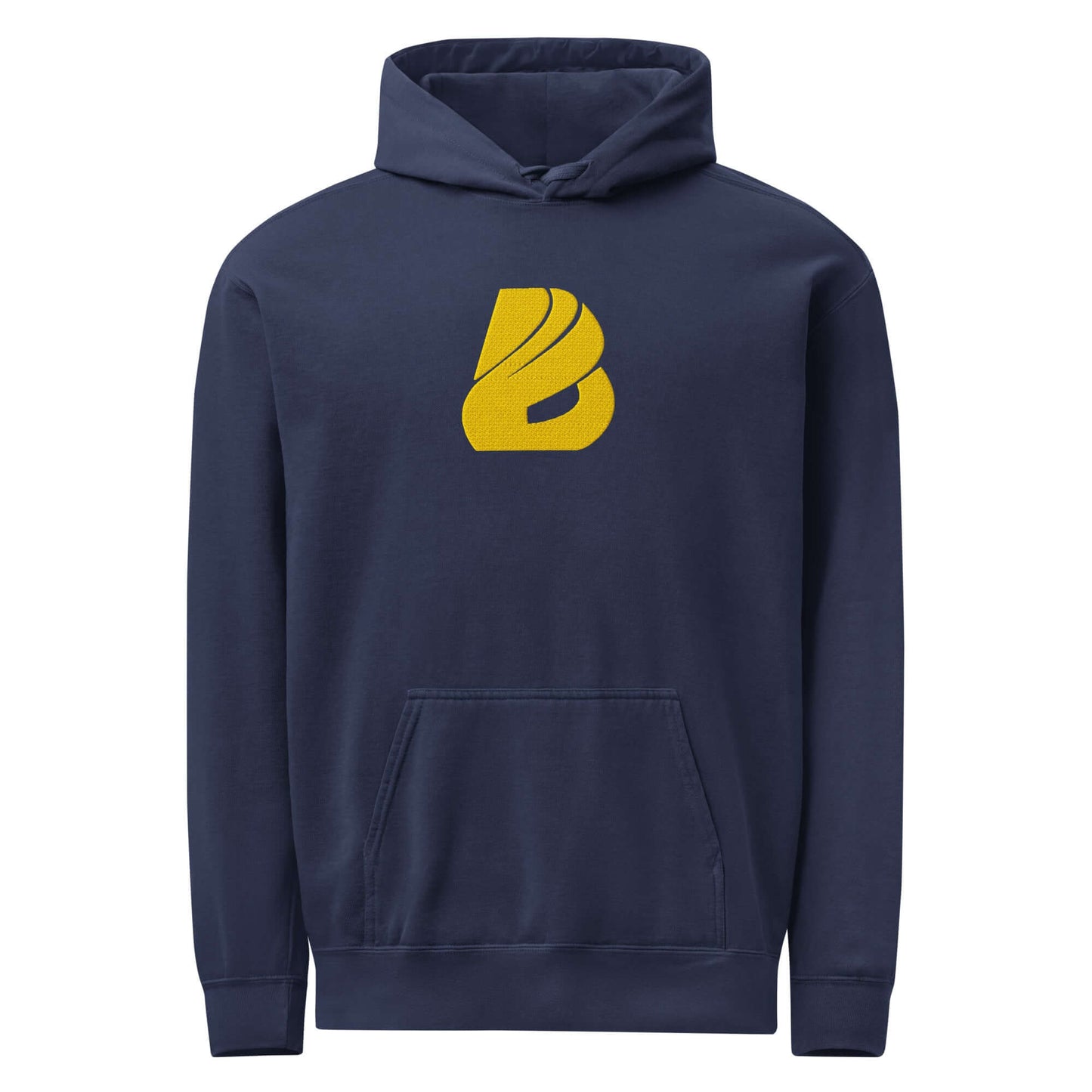 Textilgefärbter Unisex-Hoodie in Navyblau mit gelbem Logo, weiche Baumwollmischung, entspannte Passform für Komfort im Alltag.