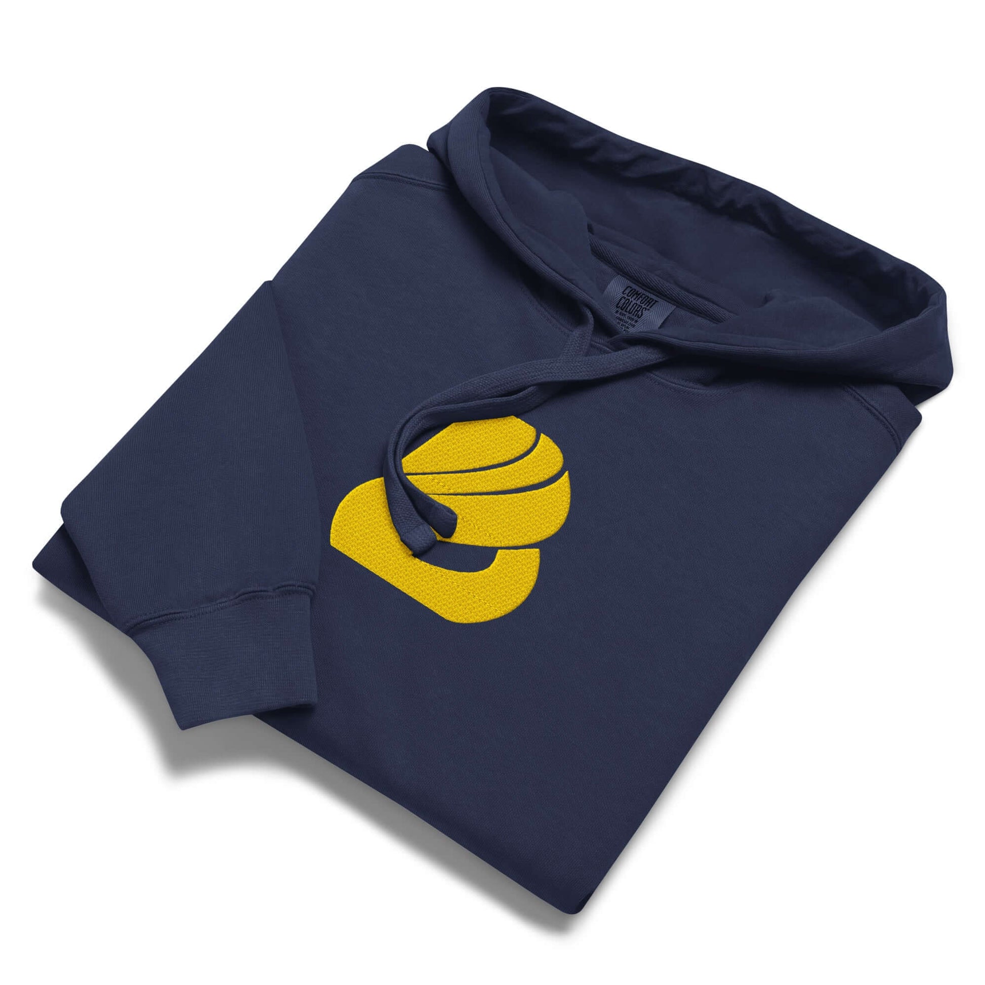 Gefalteter Textilgefärbter Unisex-Hoodie aus Baumwollmischung in Dunkelblau mit grafischem Logoaufdruck