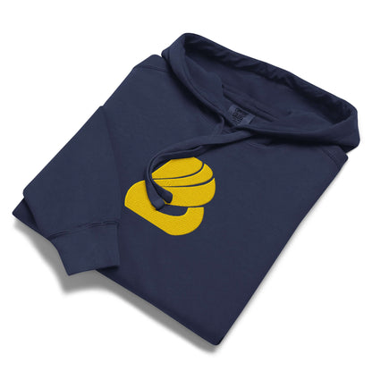 Gefalteter Textilgefärbter Unisex-Hoodie aus Baumwollmischung in Dunkelblau mit grafischem Logoaufdruck
