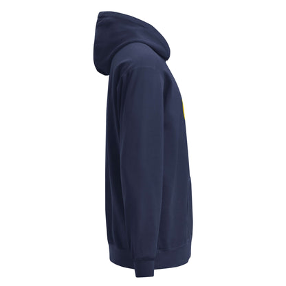 Seitenansicht eines textilgefärbten Unisex-Hoodies in entspannter Passform aus Baumwolle und Polyester.
