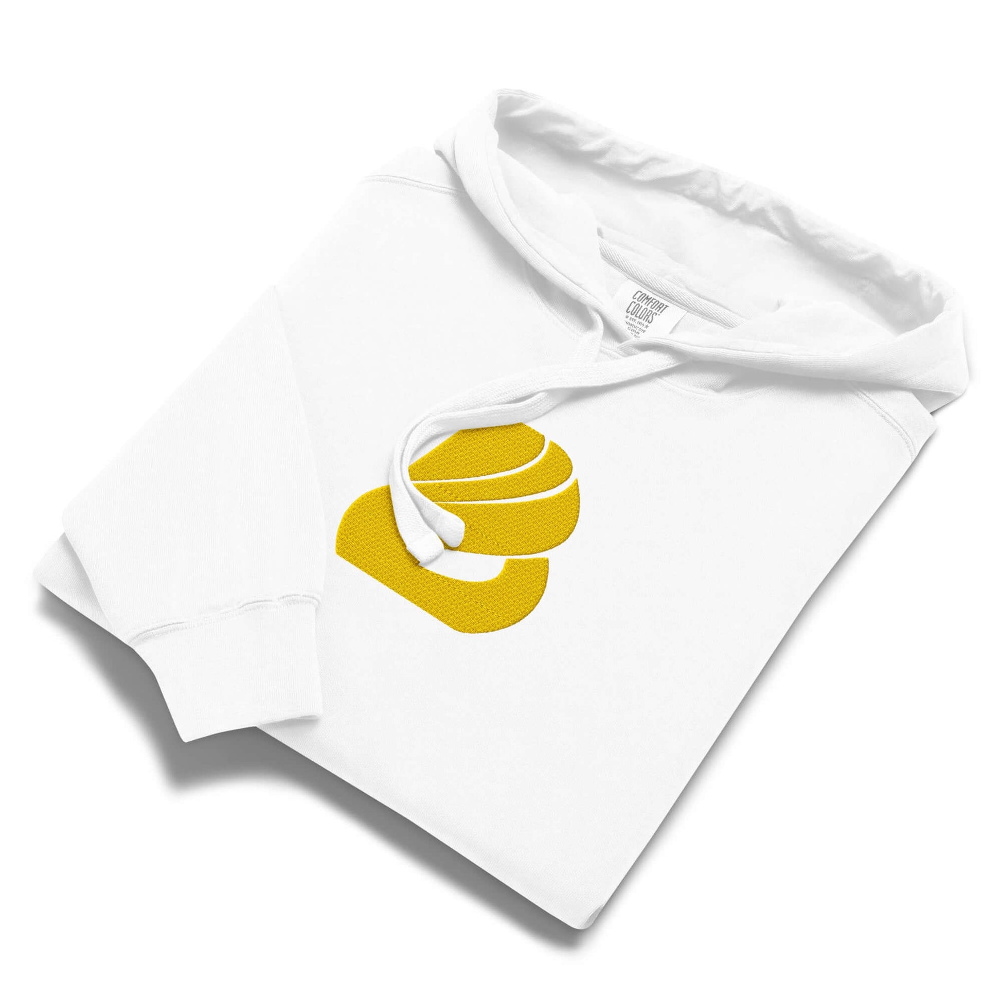 Textilgefärbter Unisex-Hoodie in Weiß mit gelbem Druck, weiche Baumwollmischung, entspannte Passform