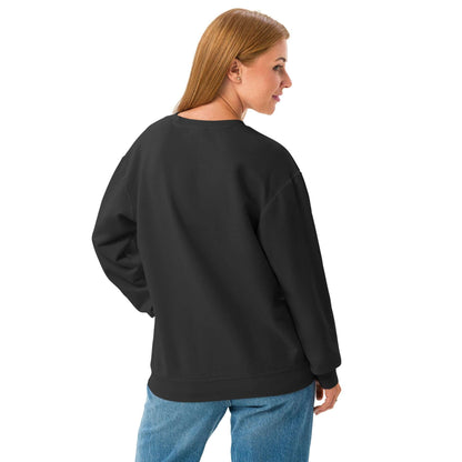 Rückansicht eines leichten textilgefärbten Unisex-Fleece-Pullovers mit Rundhalsausschnitt, schwarzer Pullover, lockere Passform.
