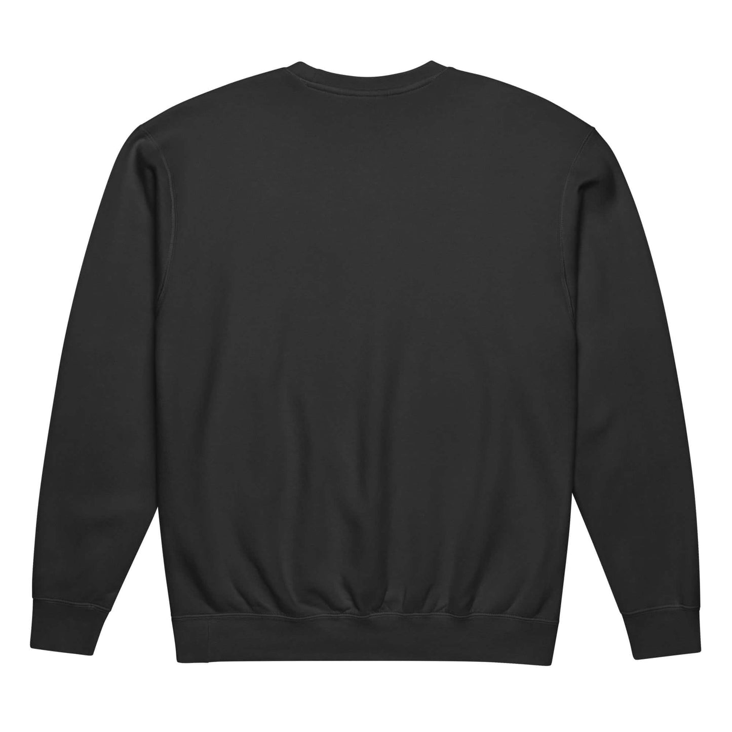 Rückansicht eines leichten textilgefärbten Unisex-Fleece-Pullovers mit Rundhalsausschnitt aus 100% Baumwolle in Schwarz.