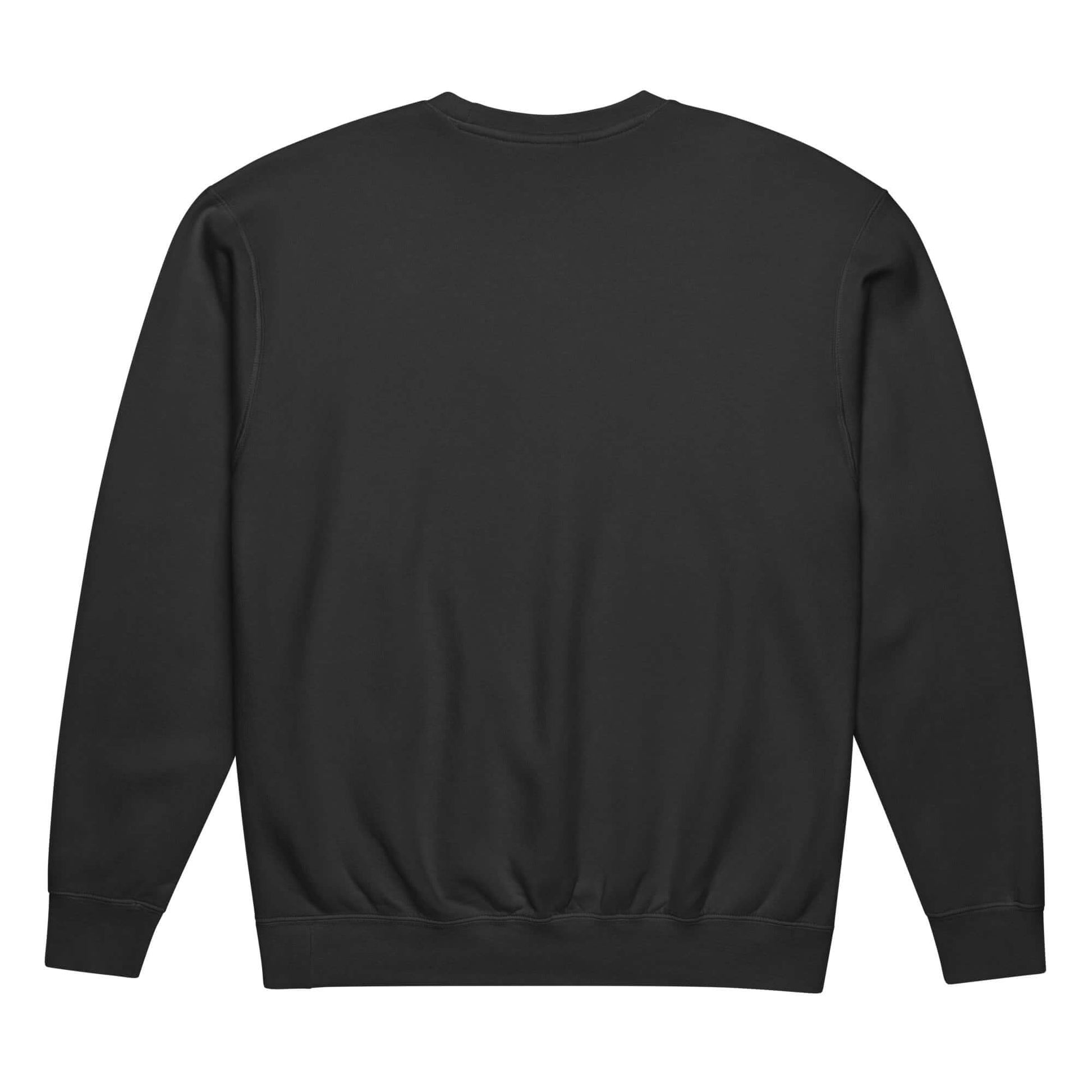 Rückansicht eines leichten textilgefärbten Unisex-Fleece-Pullovers mit Rundhalsausschnitt aus 100% Baumwolle in Schwarz.