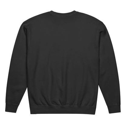 Rückansicht eines leichten textilgefärbten Unisex-Fleece-Pullovers mit Rundhalsausschnitt aus 100% Baumwolle in Schwarz.