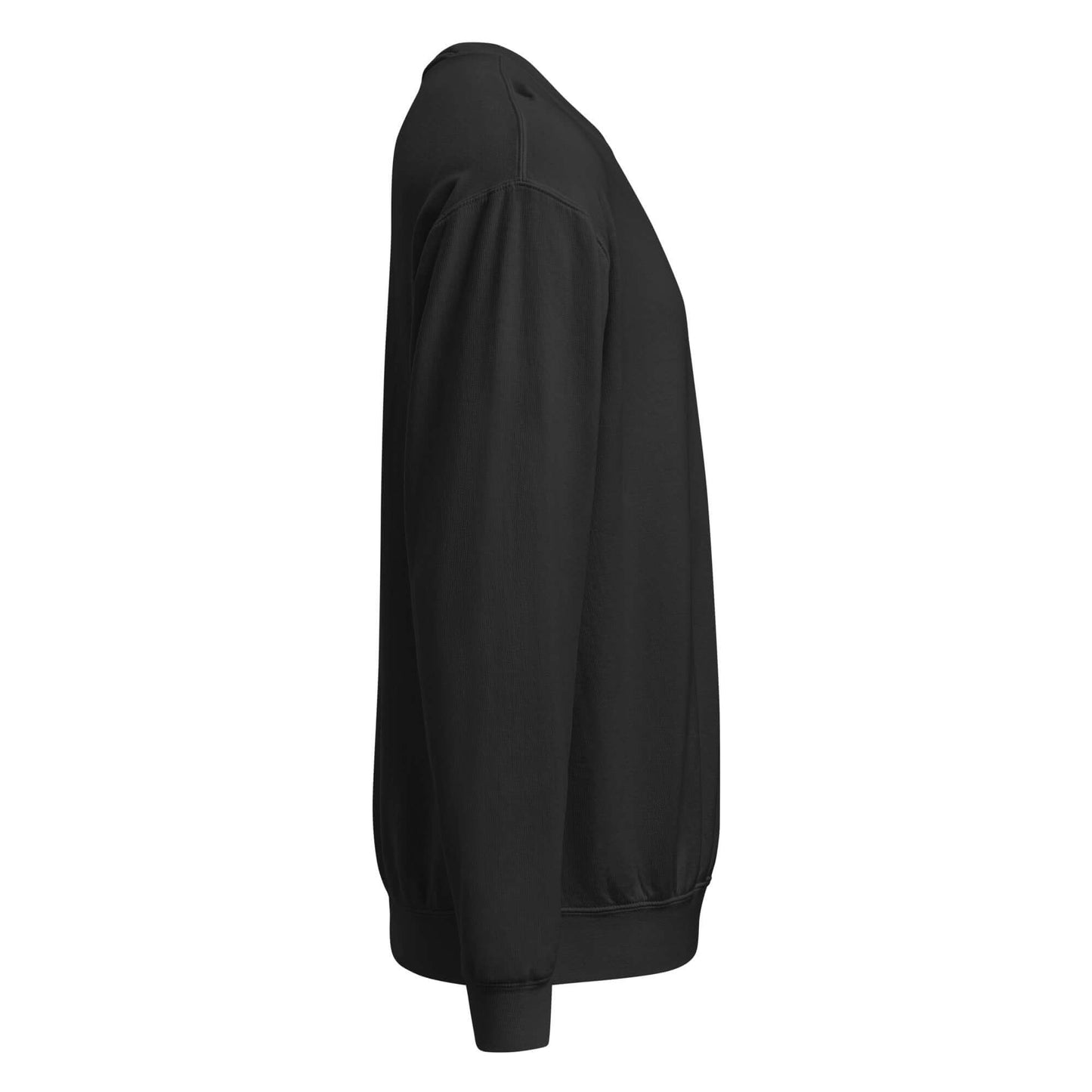 Seitliche Ansicht eines leichten textilgefärbten Unisex-Fleece-Pullovers mit Rundhalsausschnitt, ideal für den Alltag.