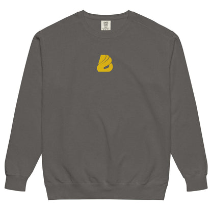 Unisex Pullover in grey with yellow emblem, vintage style, comfortable fit, ideal for casual wear, made of cotton-polyester blend.