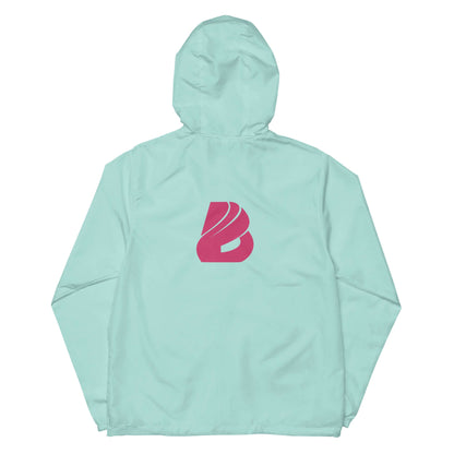 Leichter Unisex-Windbreaker mit Reißverschluss, wasserabweisende Jacke für Outdoor-Abenteuer, mintgrün mit rosa Logo.