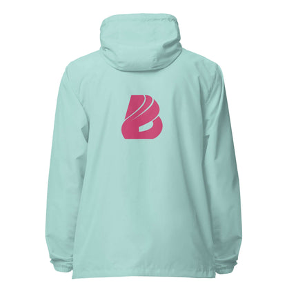 Leichter Unisex-Windbreaker mit Reißverschluss in pastellgrün, ideal für Outdoor-Abenteuer, wasserabweisend, mit rosa Logo auf dem Rücken.