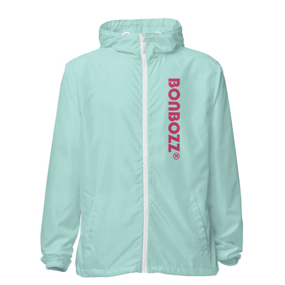 Leichter Unisex-Windbreaker mit Reißverschluss in Hellgrün, ideal für Outdoor-Abenteuer, wasserabweisend mit Markenlogo.
