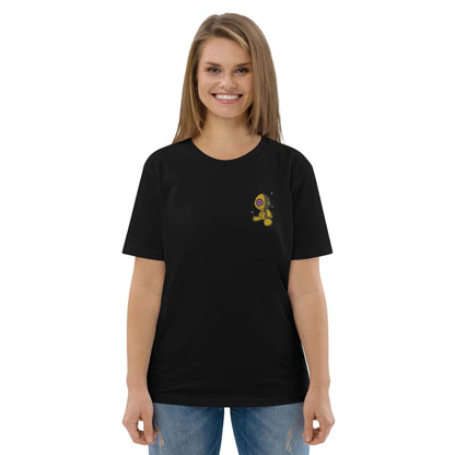 Woman wearing Unisex-Bio-Baumwoll-T-Shirt N°1 in black, made from 100% organic ring-spun cotton, features a medium fit and eco-friendly fabric.
