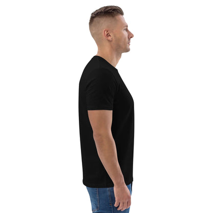 Side view of model wearing Unisex-Bio-Baumwoll-T-Shirt N°1 in black, made from 100% organic cotton, featuring medium-fit and comfortable design.