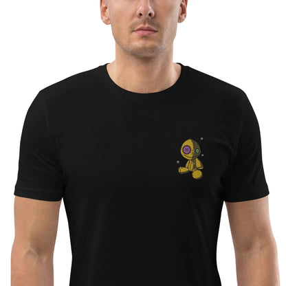 Man wearing Unisex-Bio-Baumwoll-T-Shirt N°1 in black with front graphic design