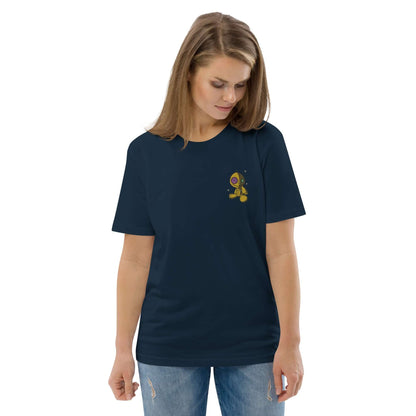 Woman wearing Unisex-Bio-Baumwoll-T-Shirt N°1 made of 100% organic cotton in navy blue color, featuring a small yellow graphic.
