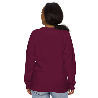 Back view of person wearing Unisex Bio-Raglan-Pullover N°3 in maroon, showing comfortable fit and stylish design.