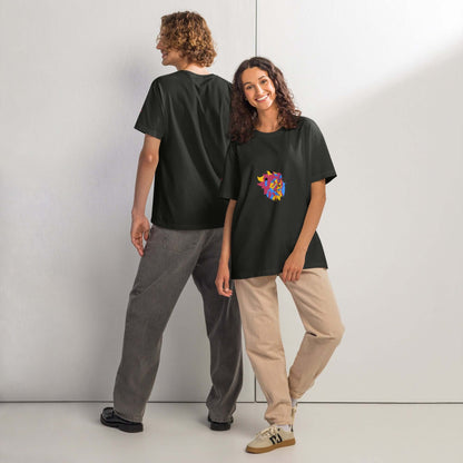 Two models wearing an Oversized-Unisex-T-Shirt in black, showcasing the casual and trendy streetwear style with a vintage wash effect.