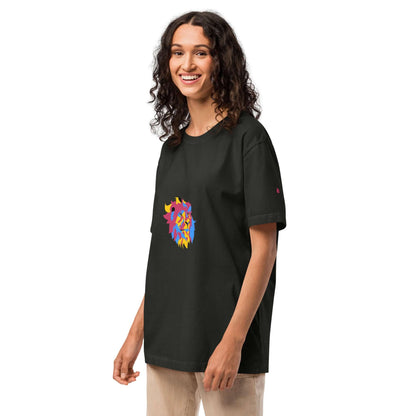 Person wearing black Oversized-Unisex-T-Shirt with colorful graphic, showing trendy vintage streetwear style.
