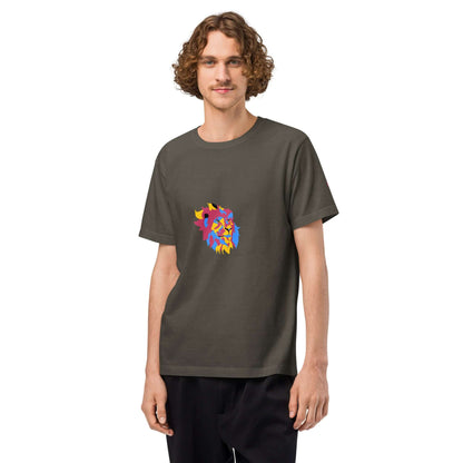 Model wearing Oversized-Unisex-T-Shirt with a colorful lion print, showcasing streetwear style and vintage-wash look.