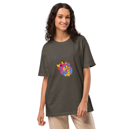 Person wearing Oversized-Unisex-T-Shirt with vintage lion print, 100% cotton, streetwear style, ideal for layering or solo wear.
