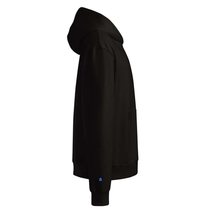 Side view of a black Schwerer Oversized Hoodie showing its spacious fit and soft fleece material.