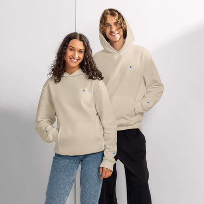 Two people wearing cream-colored Schwerer Oversized Hoodie made from breathable cotton-polyester fleece, posing against a minimalist background.