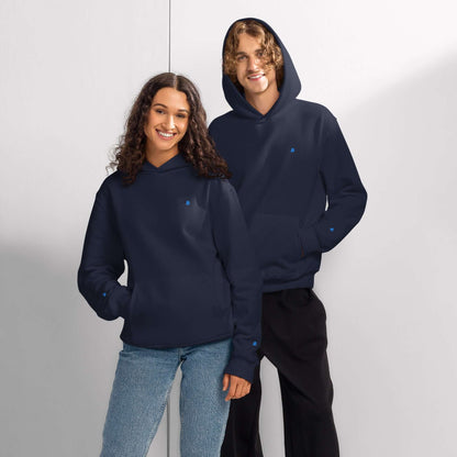 Couple wearing navy Schwerer Oversized Hoodie with no drawstrings, showcasing comfortable, breathable fleece fabric.