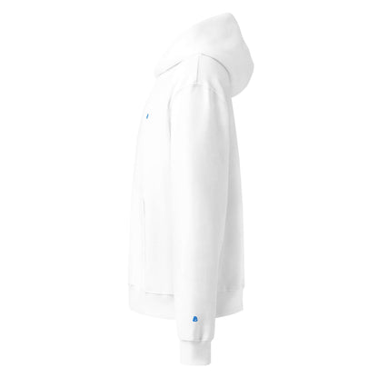 Side view of white Schwerer Oversized Hoodie with breathable cotton and polyester fleece, no drawstrings, and brushed finish for comfort.