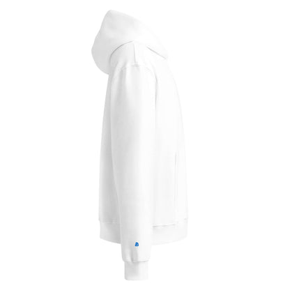 Side view of white Schwerer Oversized Hoodie with hood, no drawstrings, made of breathable cotton-polyester fleece for comfort and style.